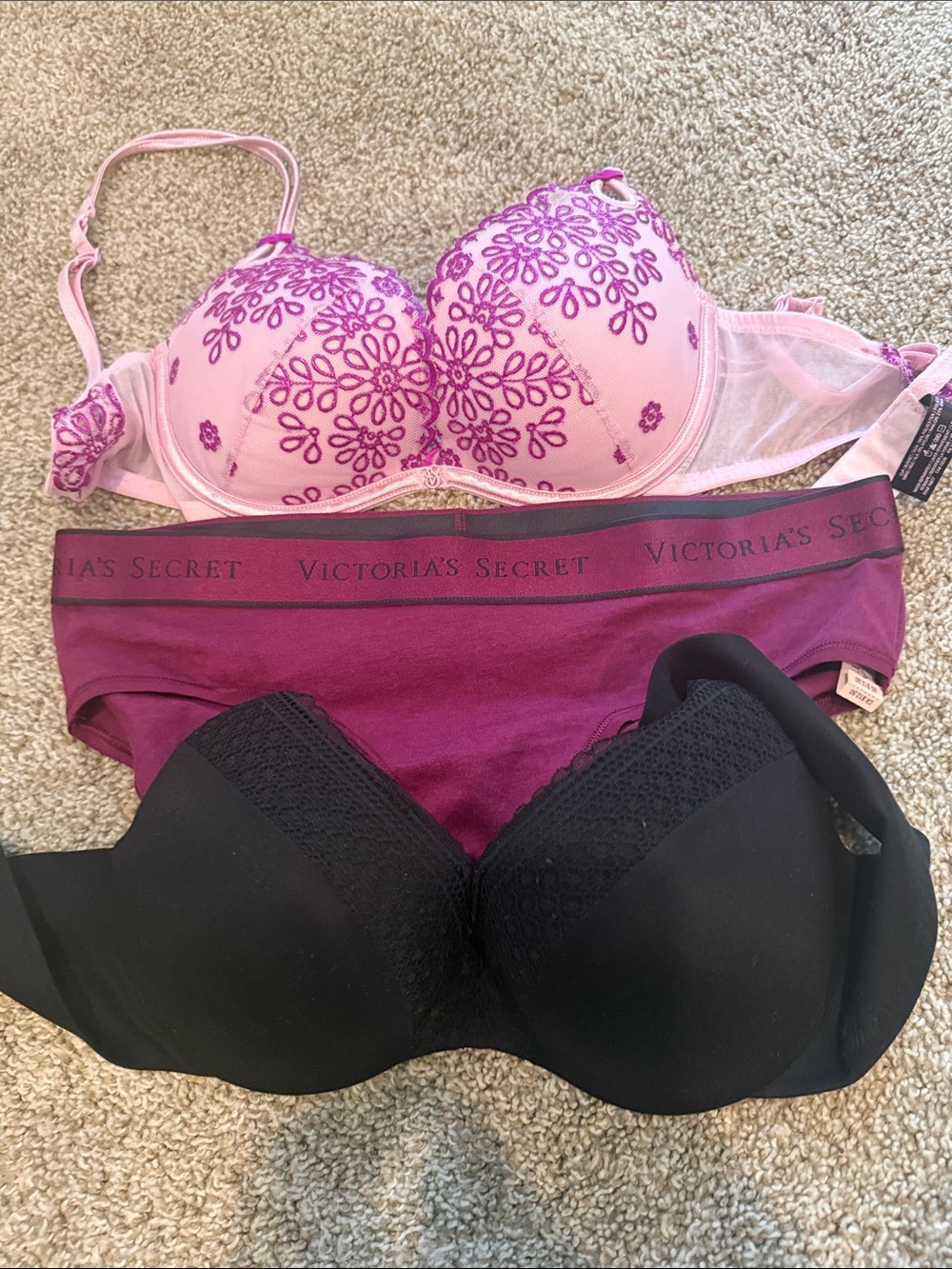 Victoria's Secret Pink&black  Embroidered Bra size 32C  & Plum  Briefs Set